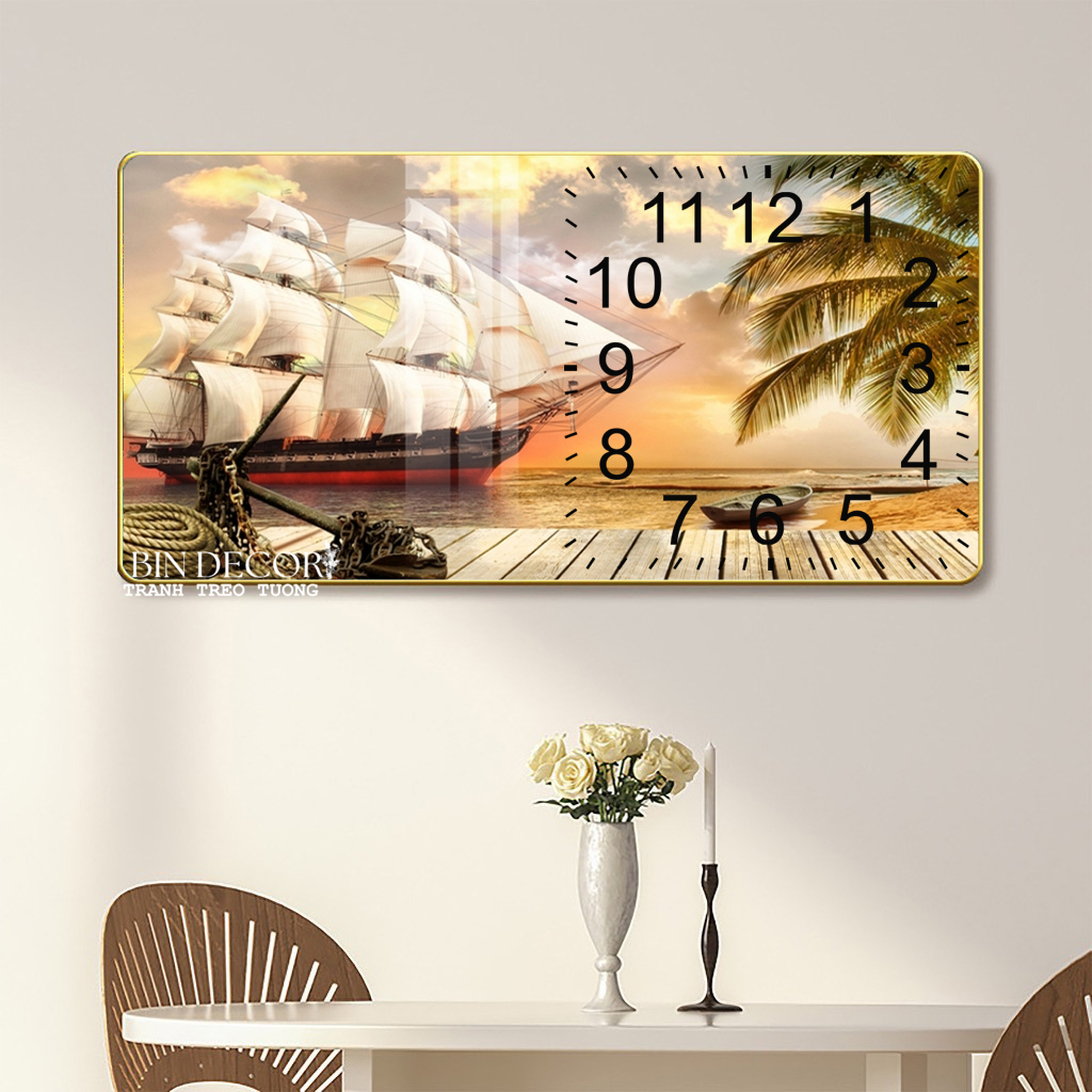 Tranh đồng hồ tráng gương thuận buồm xuôi gió 6 trang trí decor quà tặng tân gia