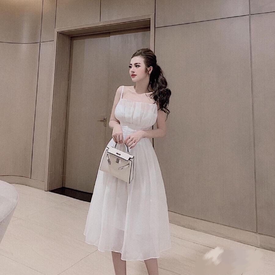 Đầm xòe 2 dây dự tiệc xếp ly ngực GD8194A
