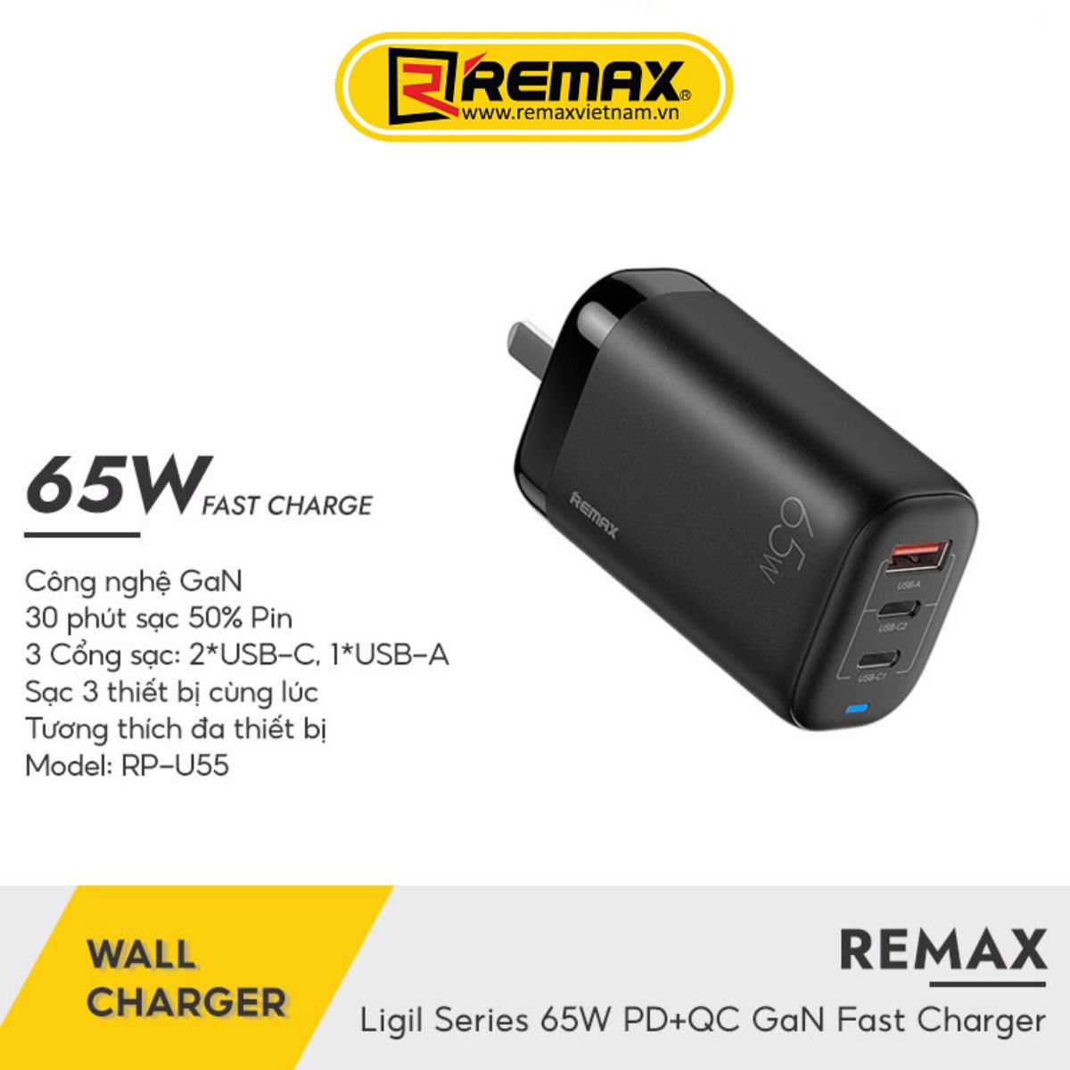 Củ sạc nhanh 3 Cổng 65W Remax RP-U55 GaN3 Pro Quick Charger 65W Sạc cho Laptop và Tab - Hàng Chính Hãng Remax Bảo Hành 12 Tháng Lỗi 1 Đổi 1