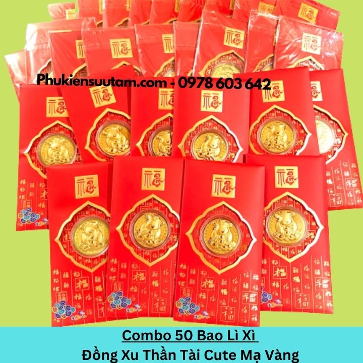 Combo 50 Bao Lì Xì Đồng Xu Thần Tài Cute Mạ Vàng, kích thước: 17cmx9cm, màu đỏ - SP005986