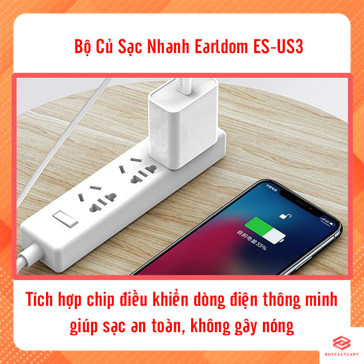 Bộ Củ Sạc nhanh QC 3.0 Earldom ES - US3 Đầu ra Type C Kèm Dây - Hàng chính hãng