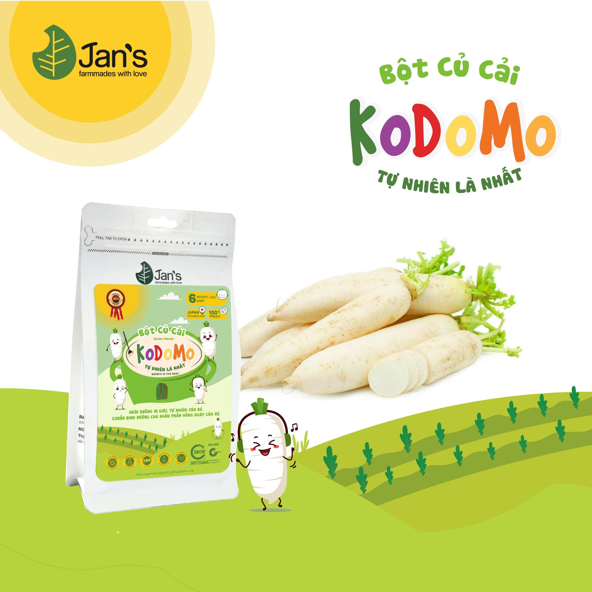 Bột Củ cải Kodomo - Bột rau củ tự nhiên cho bé ăn dặm 60g (20 gói x 3g)