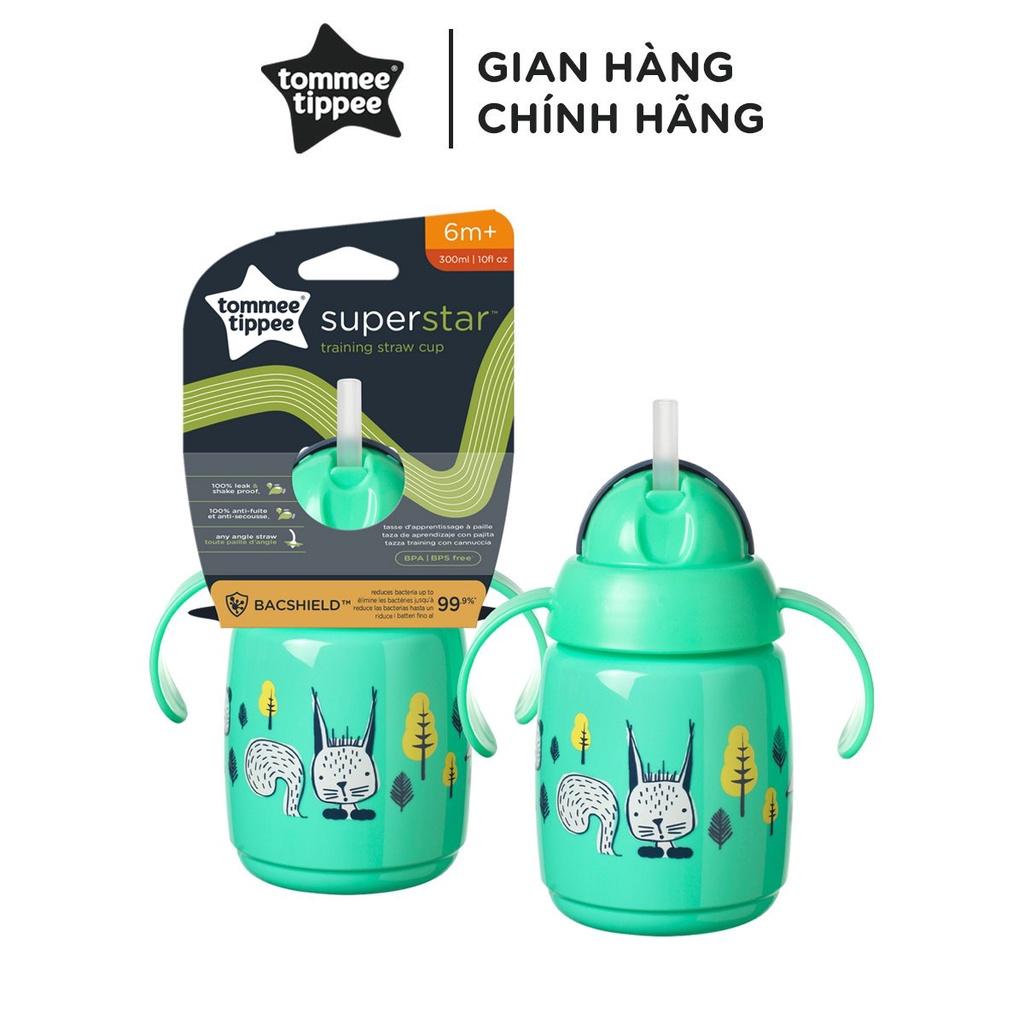 Bình tập uống nước có ống hút đáy nặng kháng khuẩn chống tràn, chống sặc Tommee Tippee SuperStar, 300ml, cho bé từ 6 tháng – Xanh lá