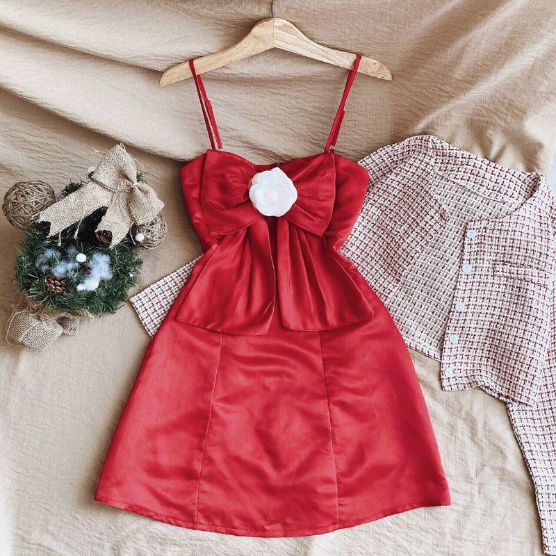 Set Váy Đầm Đỏ Hai Dây kèm Áo Khoác Croptop Caro Dự Tiệc Cưới - C&B Clothes
