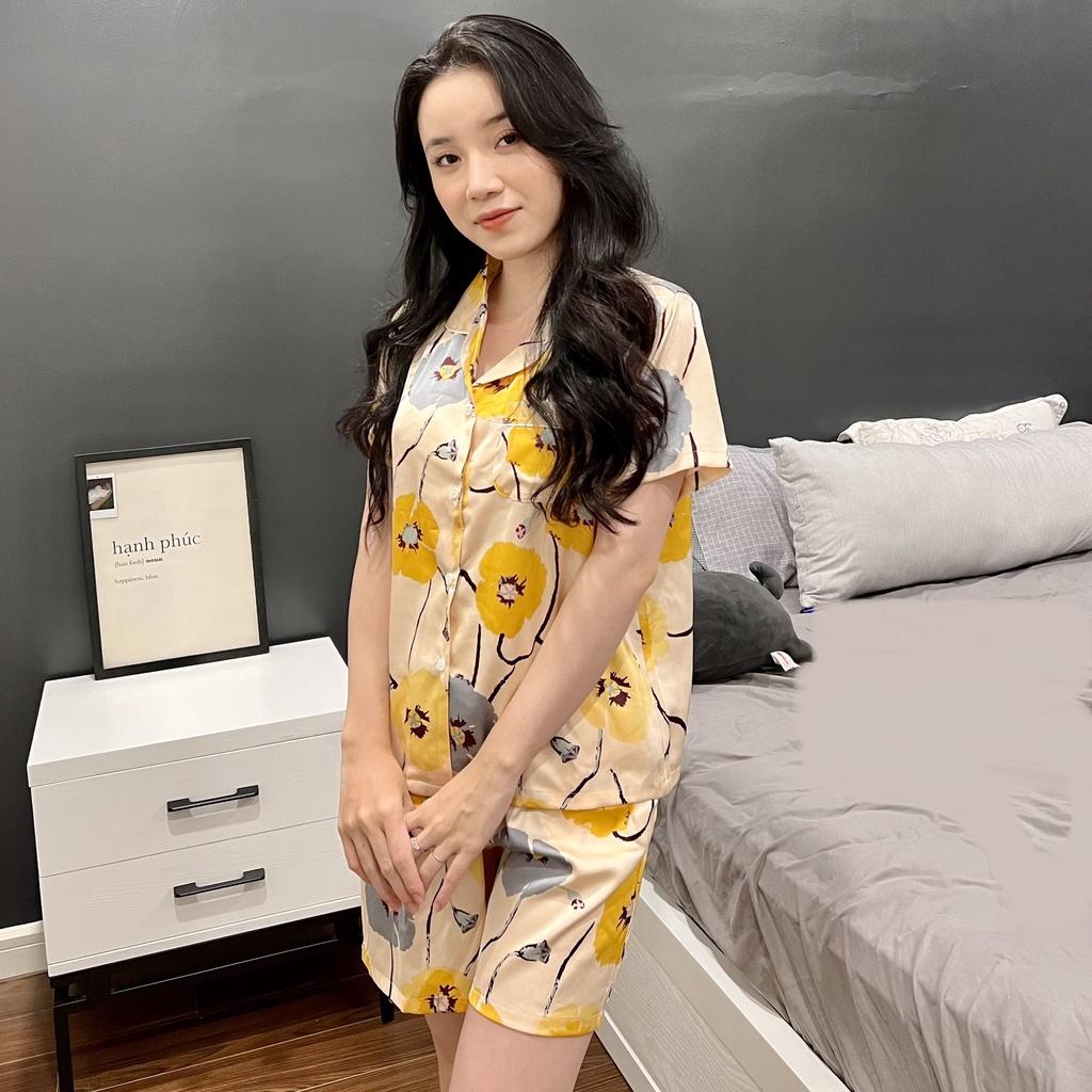 Pyjama Lụa Họa Tiết - Chất Latin Hoa Cao cấp Chất đẹp Đường may chuẩn, Bộ cộc quần ngắn