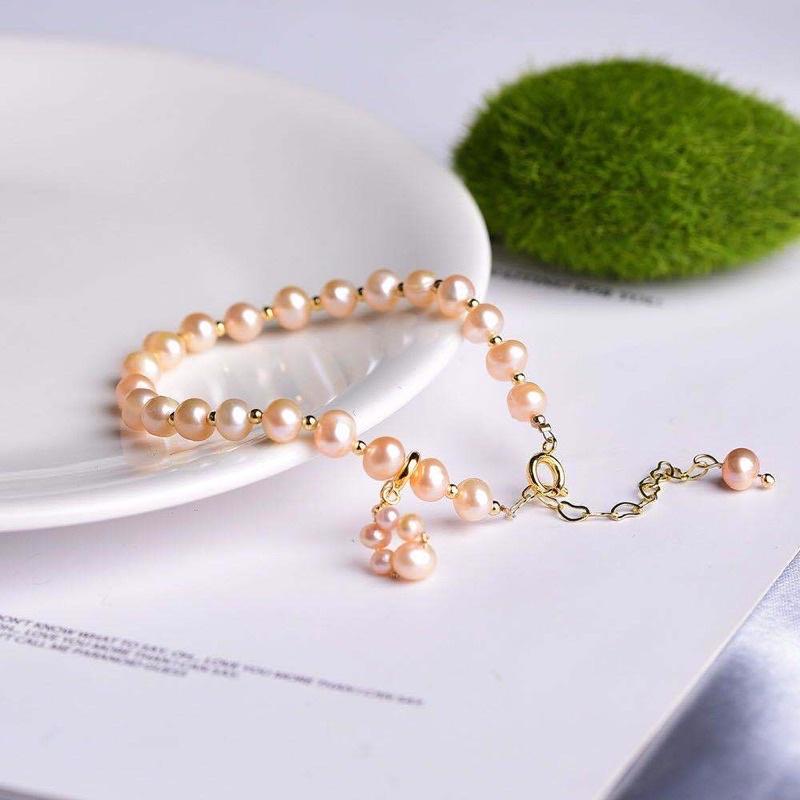 Vòng Tay Ngọc Trai Hạt 7ly Màu Cam Mix Bi Titan, Vòng Tay Ngọc Trai Nước Ngọt Tự Nhiên Sang Trọng - Ngọc Trai Trường Thịnh