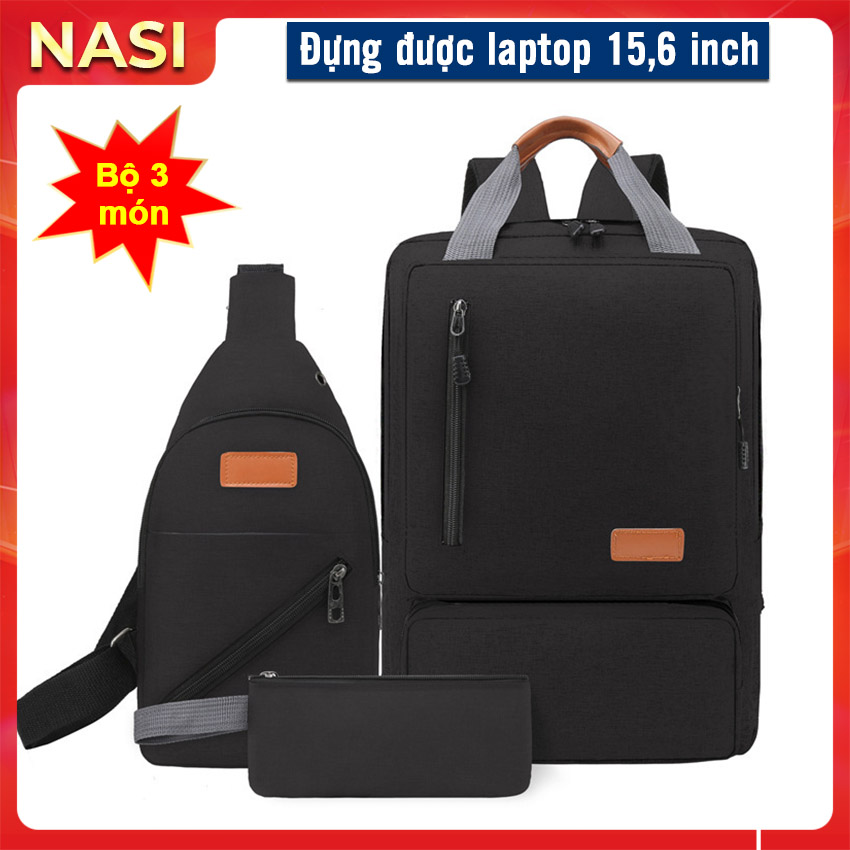 Balo nam nữ B1087 NASI Store bộ 3 sản phẩm gồm ba lô laptop 15,6 inch học sinh đi học đi làm công sở túi đeo chéo có lỗ sạc tai nghe đi chơi du lịch bóp vải
