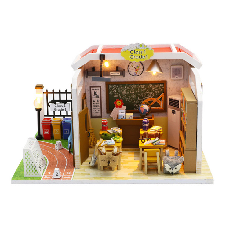 Mô hình nhà DIY Doll House Lớp học Class 1 Kèm Đèn LED và MICA chống bụi