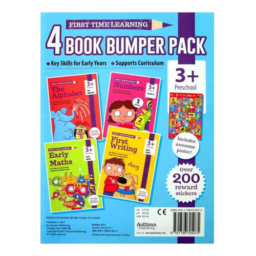 First Time Learning - 4 Book Bumper Pack  : The Alphabet , Early Maths , Numbers and First Writing (Ages 3+) (Includes Awesome Poster)