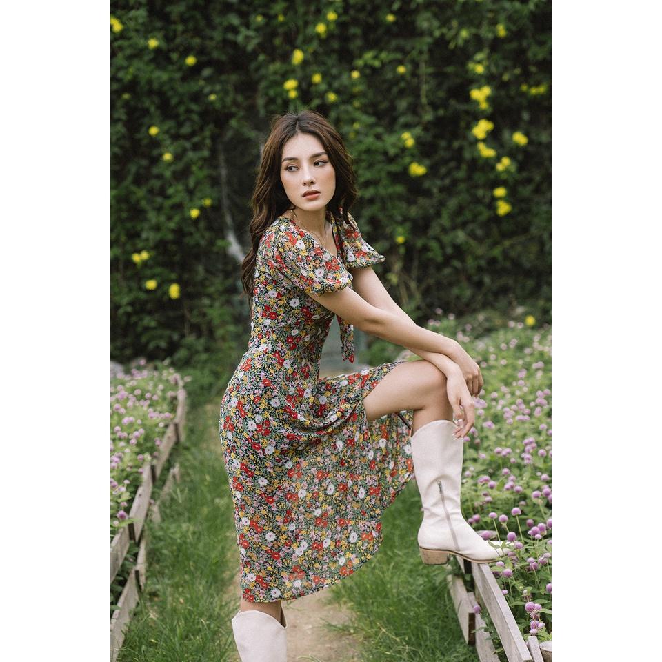 Đầm hoa nền đen buộc nơ ngực Maya dress