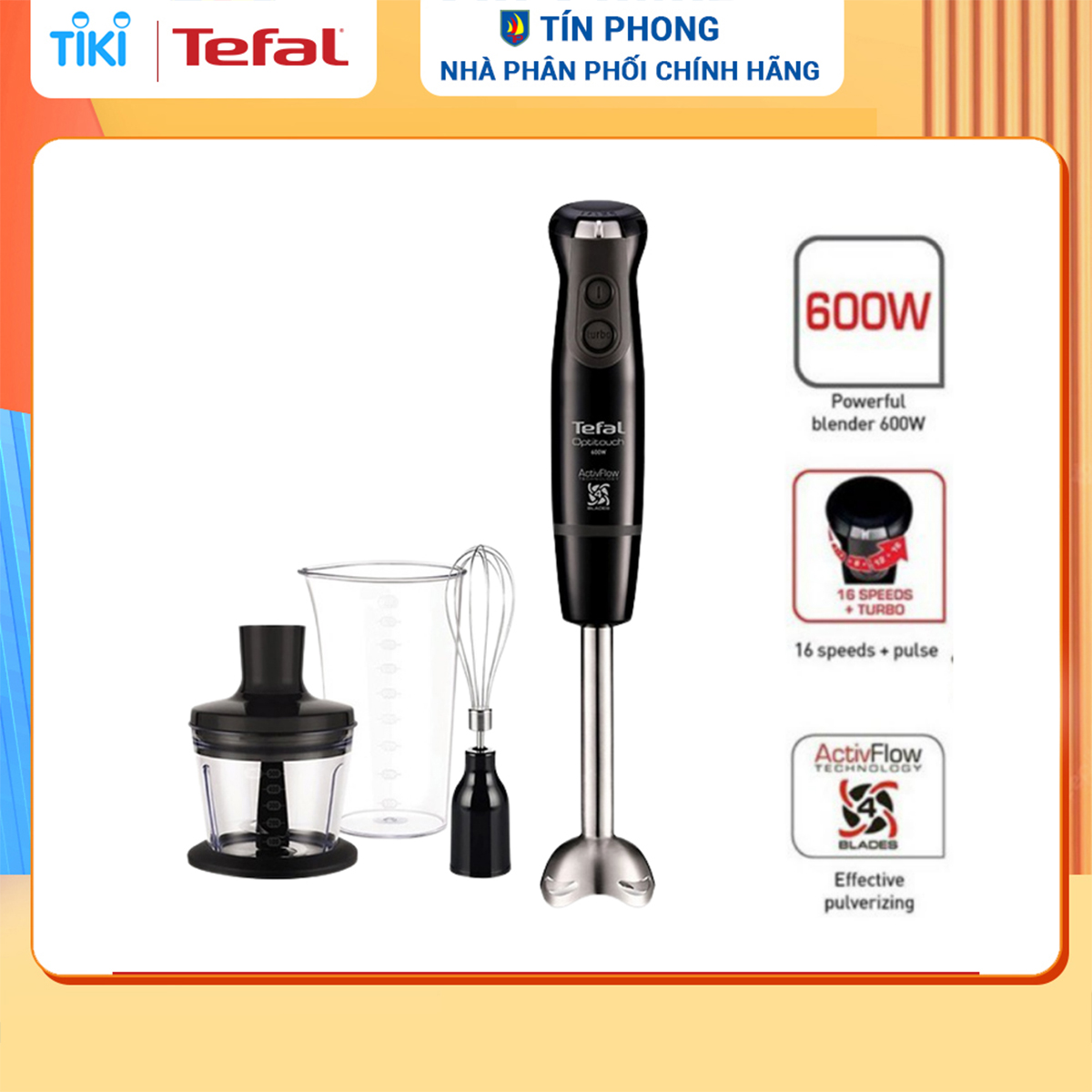 Máy xay sinh tố cầm tay 16 tốc độ Tefal HB833840 600W (Đen) - Hàng chính hãng