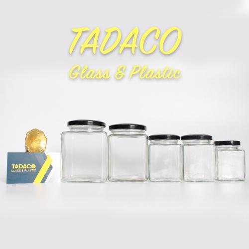 HŨ THỦY TINH VUÔNG 100ml-200ml-500ml Hũ thủy tinh vuông nắp thiếc đen đựng đồ khô , gia vị