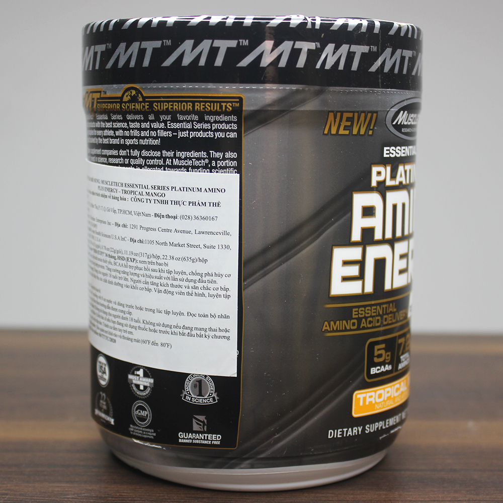 Combo BCAA Platinum Amino Plus Energy của Muscle Tech hương Tropical Mango (XOÀI) hộp 30 lần dùng hỗ trợ tăng sức bền, sức mạnh, đốt mỡ giảm cân mạnh mẽ, phục hồi cơ nhanh chóng cho người tập GYM và chơi thể thao thao & Bình lắc 600ml (Mầu ngẫu nhiên)