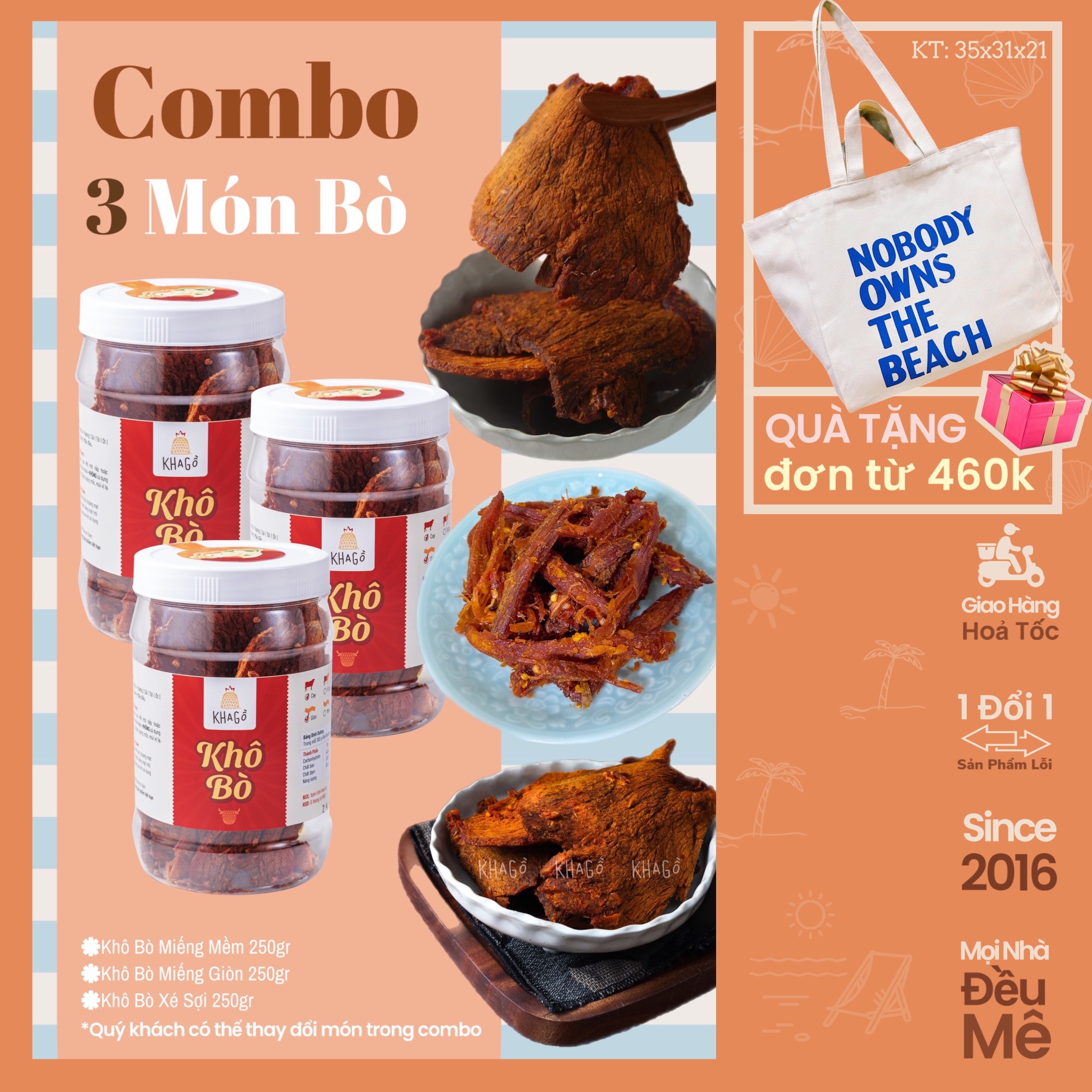 [Giá Tiết Kiệm] Combo 3 Khô Bò 250gr | Kha Gồ | Ăn vặt văn phòng, Đặc sản, Du lịch, Tiệc Tùng, Quà tặng