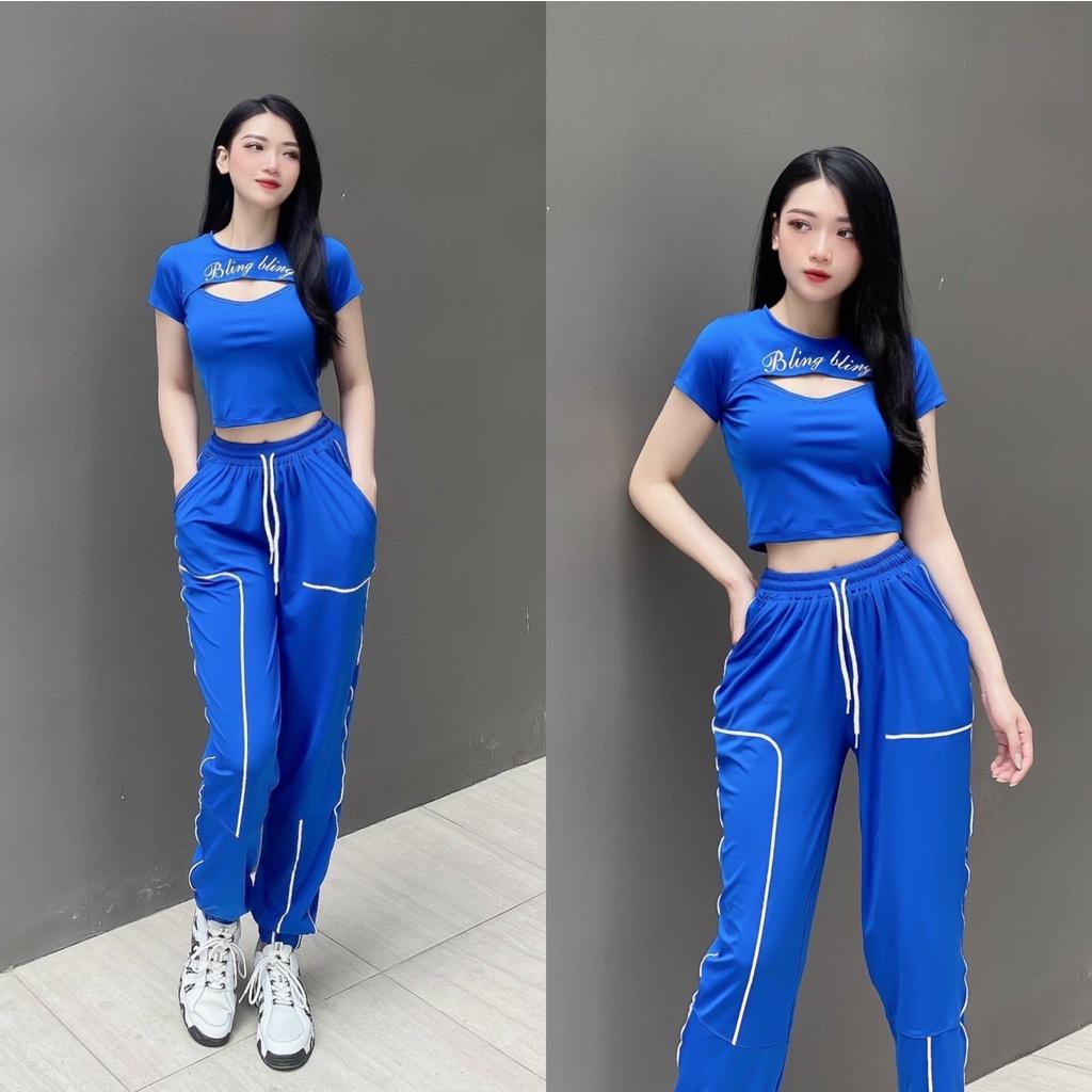 Set bộ thể thao nữ tập gym, yoga, aerobic, dance, chạy bộ gồm quần jogger dáng rộng và croptop cá tính