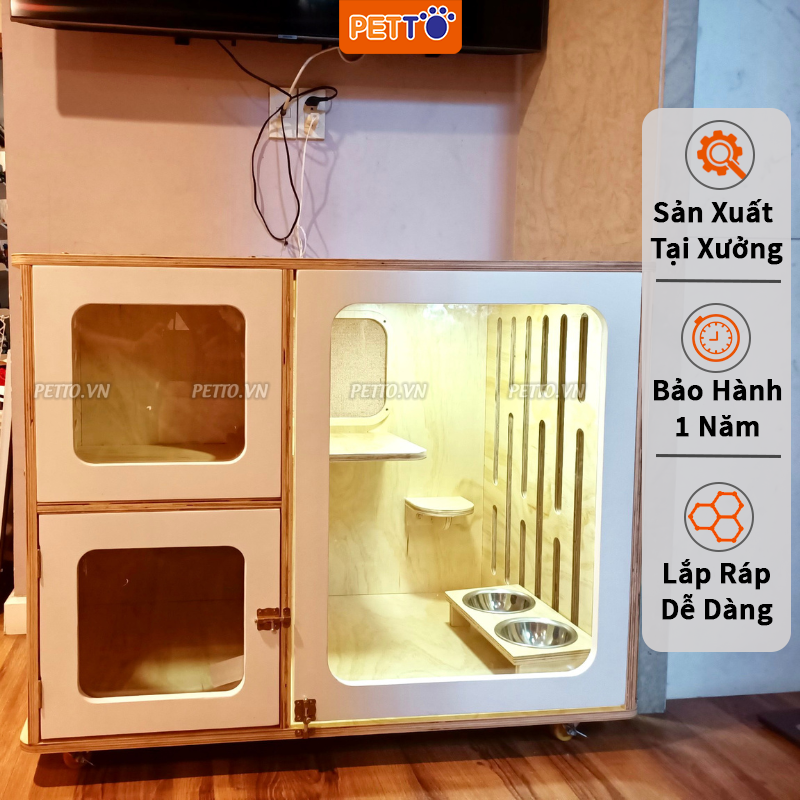 Tủ cho mèo BẰNG GỖ - Khách sạn cho mèo thiết kế 3 cửa kính trong suốt SANG TRỌNG dài 1m1 CC017