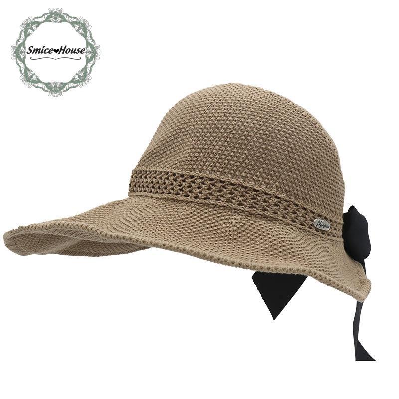 Nón cói rộng vành thoáng khí phong cách thanh lịch dành cho nữ đi biển che nắng hở chóp mũ có thể gấp gọn đính nơ - Smice House