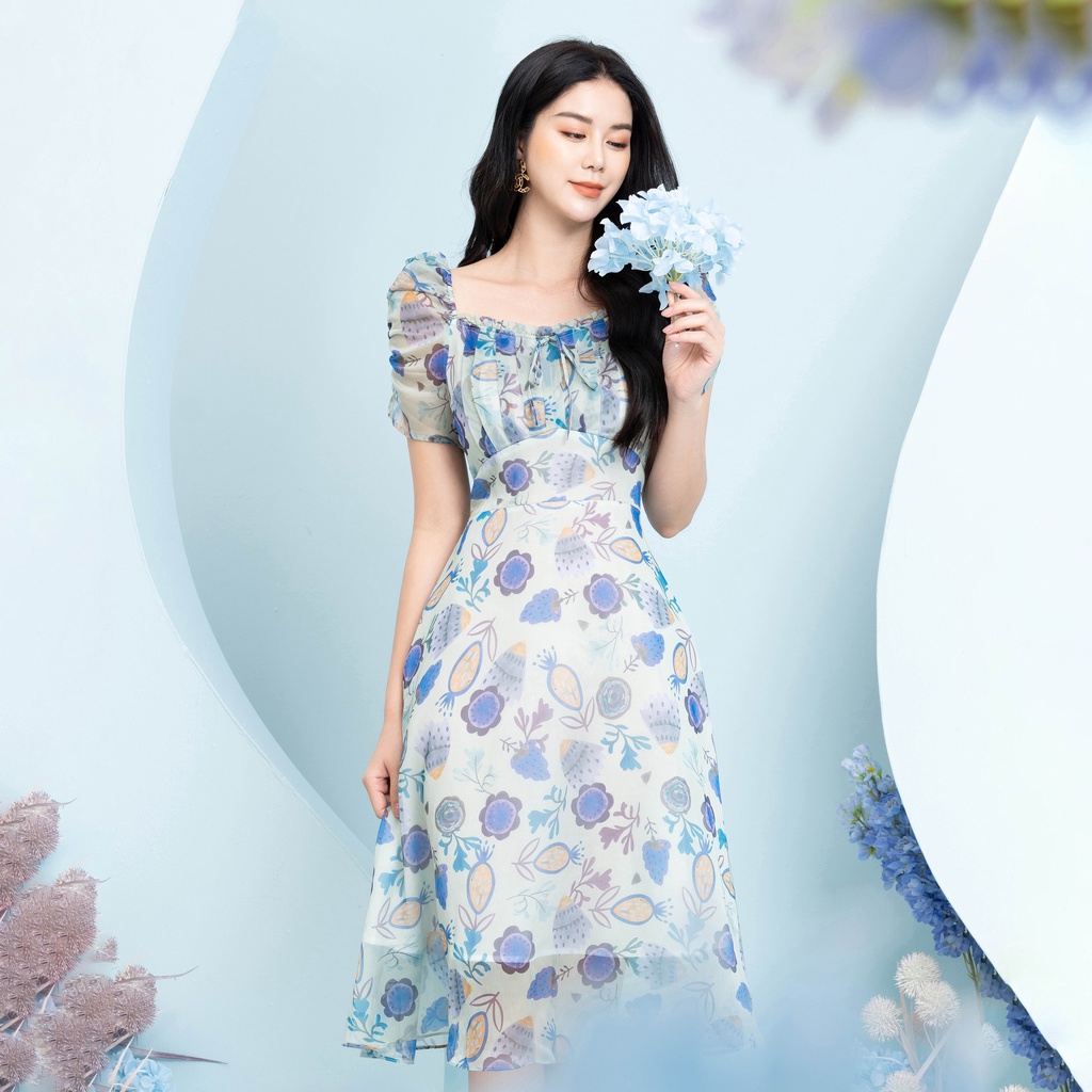 Đầm Hoa Xòe Phối Ngực NhúnThời Trang UK Fashion Thiết Kế Cổ Vuông Nữ Tính, Chất Liệu Vải Cao Cấp NKDV2203009