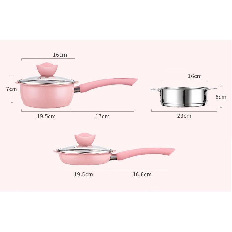 Nồi Chảo Đá Chống Dính Hình Hoa Kèm Xửng Hấp Nấu Đồ Ăn Dặm Cho Bé, Bộ Nồi Chảo Đa Năng Nấu Đồ Ăn Dặm Cho Bé