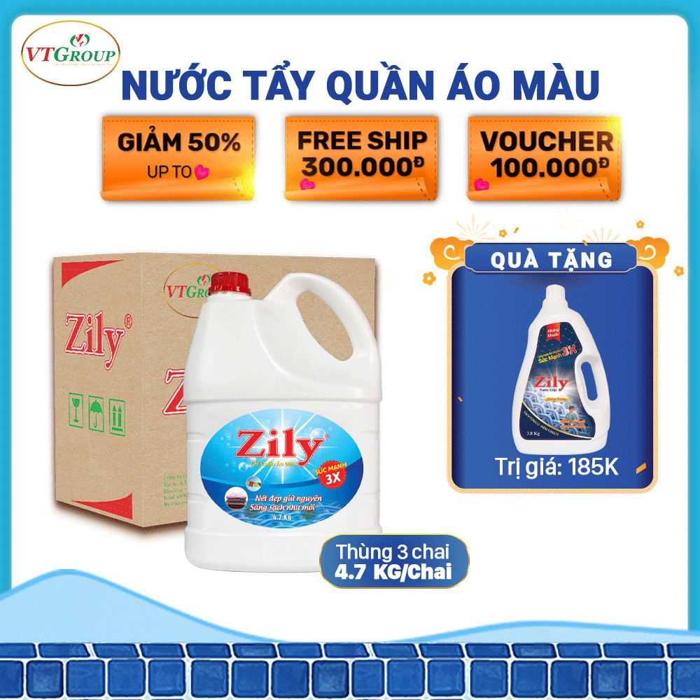 Nước Tẩy Quần Áo Màu Zily Chai 4.7Kg - 3 Chai / Thùng ( Tặng 1 Chai Nước Giặt KH 3.8Kg )