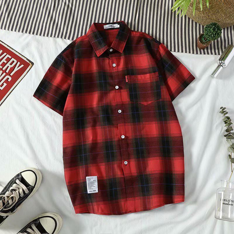 Áo sơ mi tay ngắn họa tiết sọc vuông thời trang phong cách cho nam