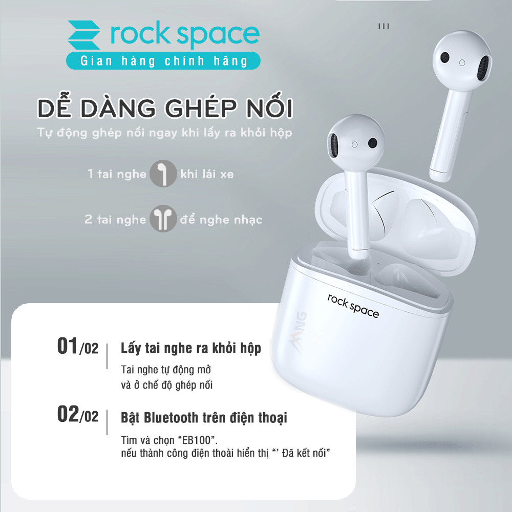 Tai Nghe Nhét tai Không Dây Bluetooth True Wireless Rockspace EB100 - Màu Trắng - Có hộp đựng là sạc tích điện - Hàng Chính Hãng