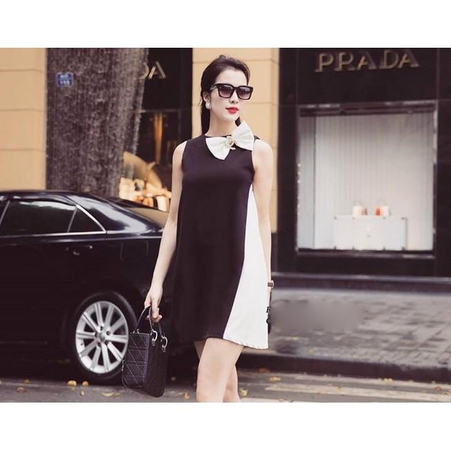 Đầm Suông Phối 2 Màu Đính Nơ Cổ