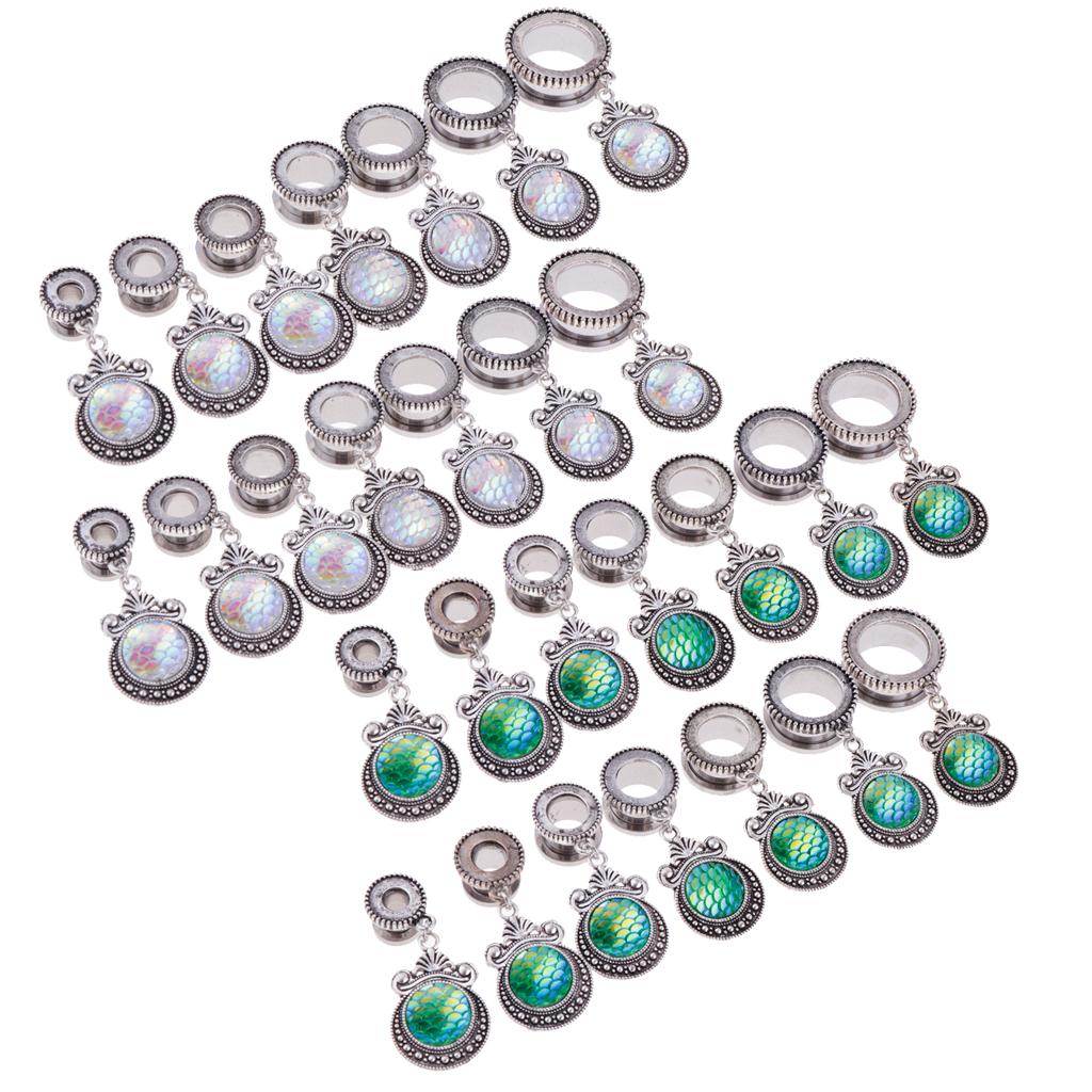 Ear Plugs Tunnel Green Fish Scale Dangle Ear Expander Ear Piercing Jewerly 6mm