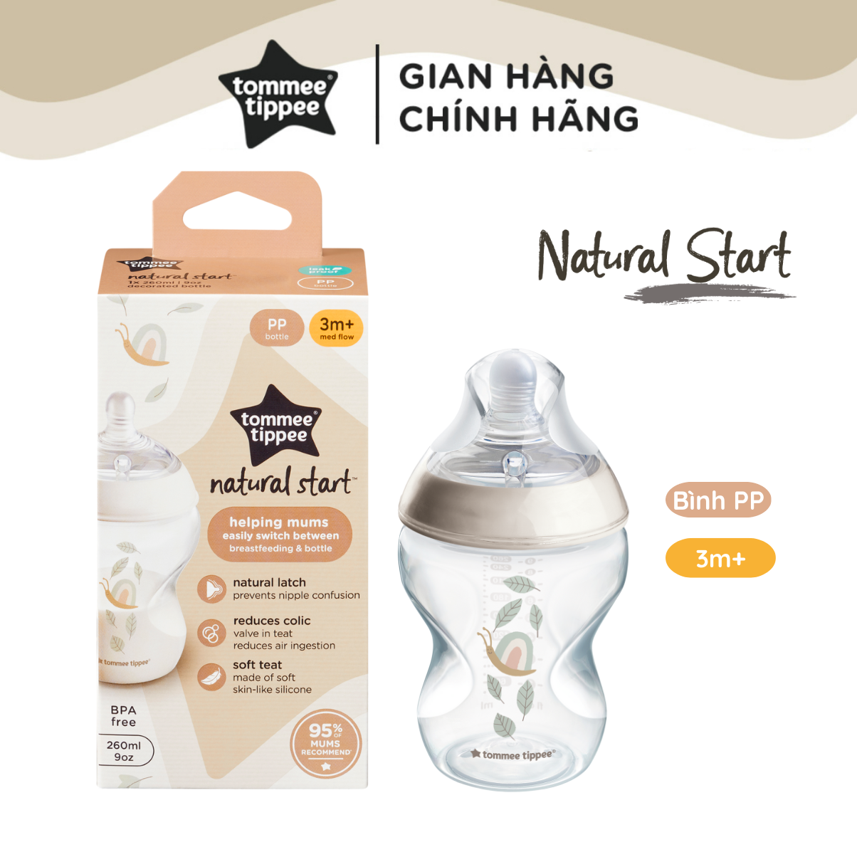 Bình Sữa PP Ty Siêu Mềm Tự Nhiên Tommee Tippee Natural Start 260ml, Núm Ty Của Bình 3-6 Tháng - Hoạ Tiết