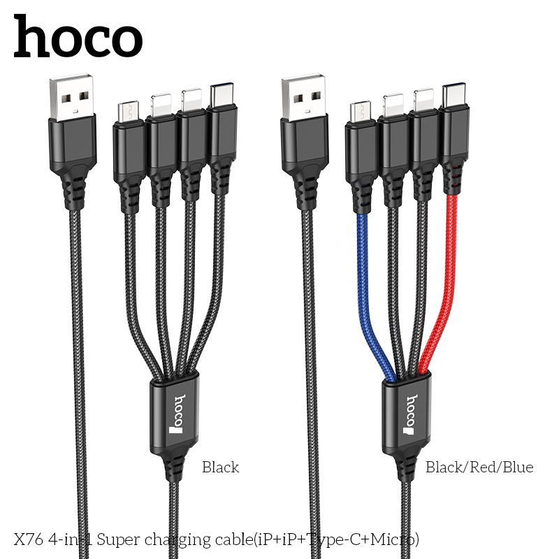 Cáp Sạc Dành Cho Hoco. X76 Super 4 Trong 1 2.0A Cổng IP * 2 + TypeC + Micro Dây Dài 1m Hàng Chính Hãng