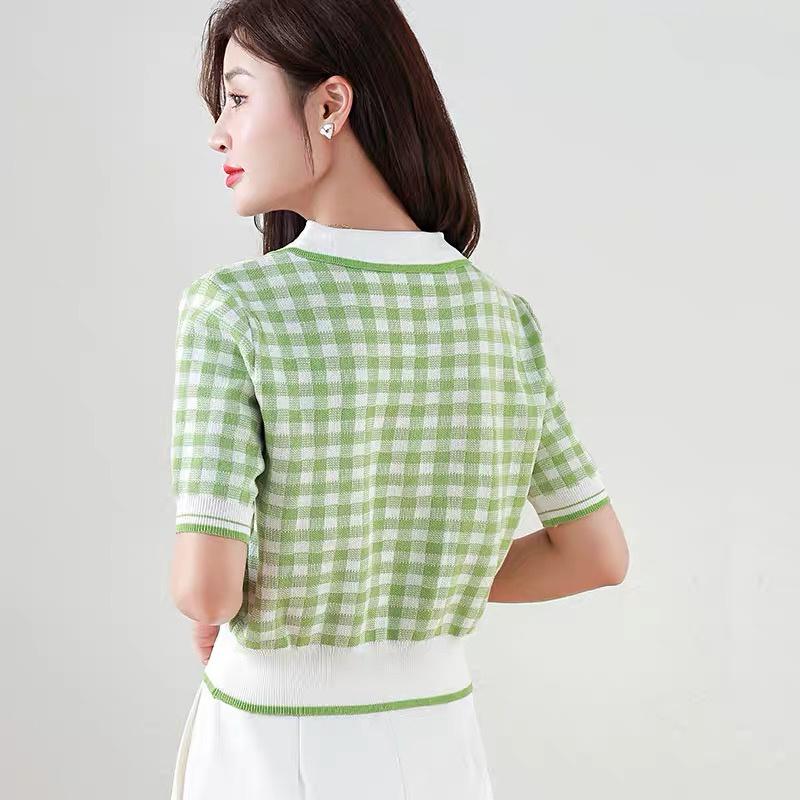 Áo polo caro dệt kim nữ tay ngắn dáng rộng len mongtogi kiểu cổ bẻ phối màu thời trang hàng đẹp Quảng Châu cao cấp