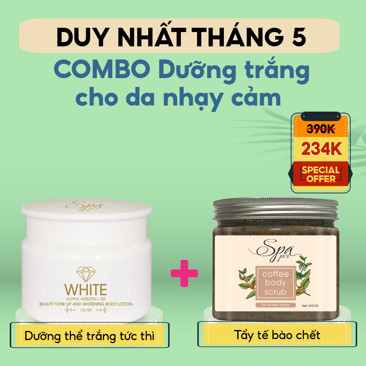 COMBO 2 - Tẩy Tế Bào Chết Cà Phê Và Dưỡng Thể Làm Trắng Da Dành Cho Da Nhạy Cảm SPA PRO