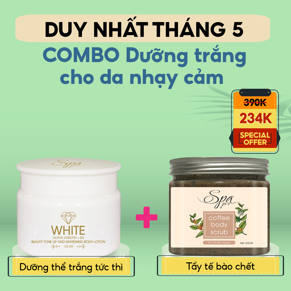 COMBO 2 - Tẩy Tế Bào Chết Cà Phê Và Dưỡng Thể Làm Trắng  Da Dành Cho Da Hỗn Hợp SPA PRO