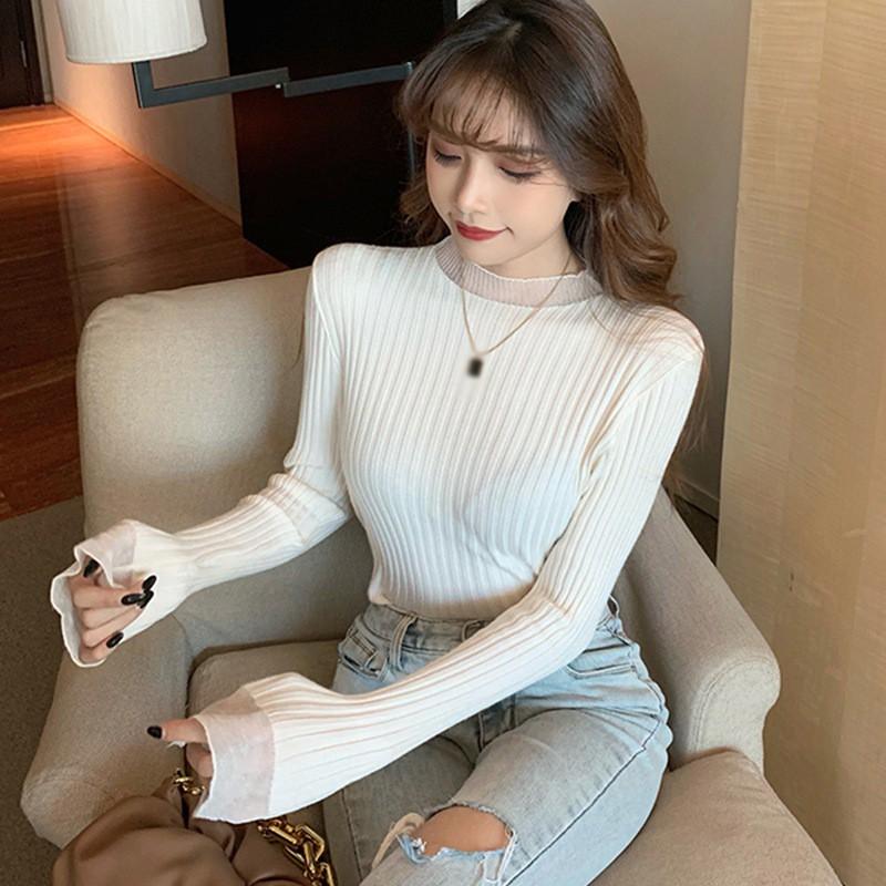 Áo dệt kim màu trơn cổ tròn phối ren kiểu tay dài trẻ trung xinh xắn