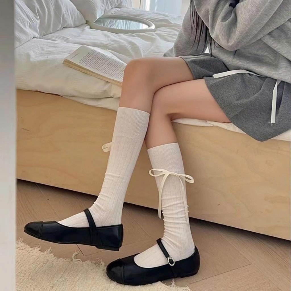 Tất, vớ bắp chân GÂN KẺ SỌC ĐÍNH NƠ phong cách Lolita NhậtBản trẻ trung, thanh lịch có nhiều màu lựa chọn cho nữ Women