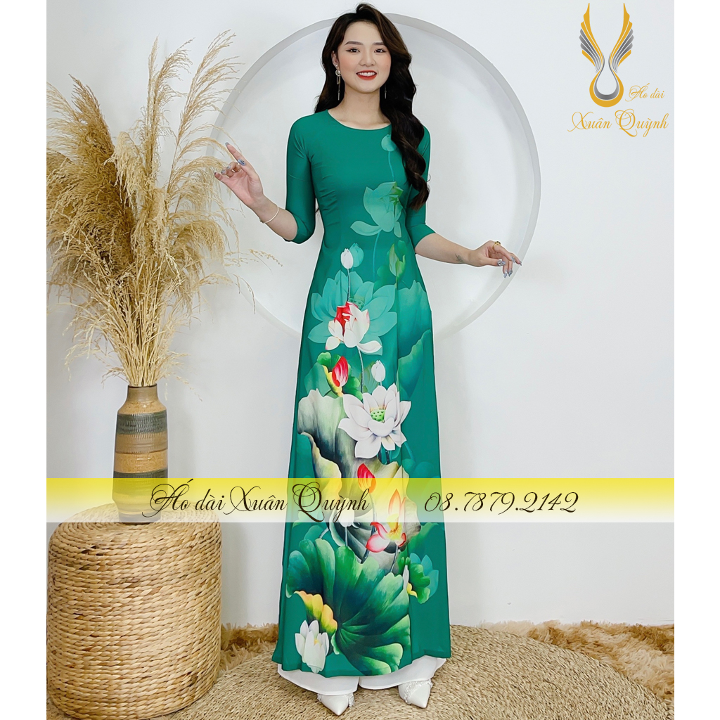 Áo Dài Xanh Ngọc Lục Bảo Sen Trắng, Duyên Dáng, Thanh Lịch Lụa Habutai Cao Cấp K100