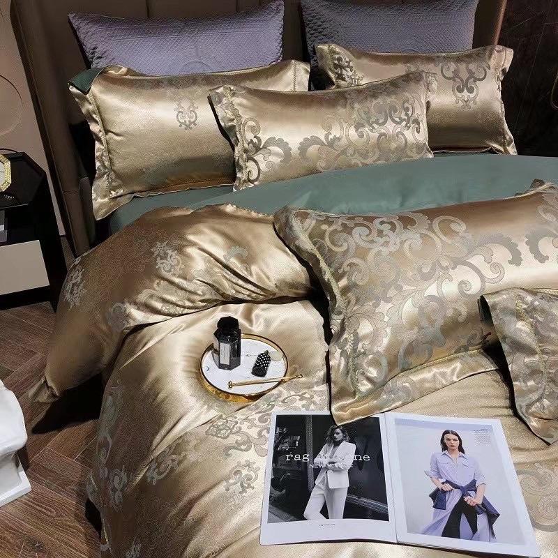 Bộ Chăn Ga Gối Gấm In Chìm Hoàng Gia Hàng Nhập Khẩu 4 Món