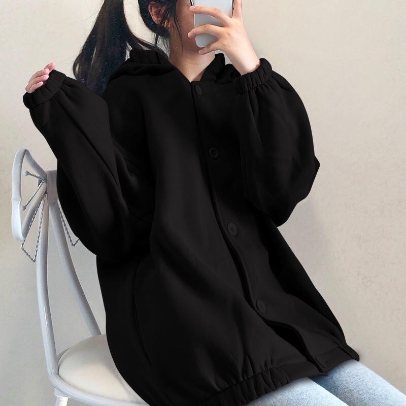 Áo khoác hoodie nam nữ nút to ulzang chất nỉ nỉ bông có mũ cách điệu cá tính