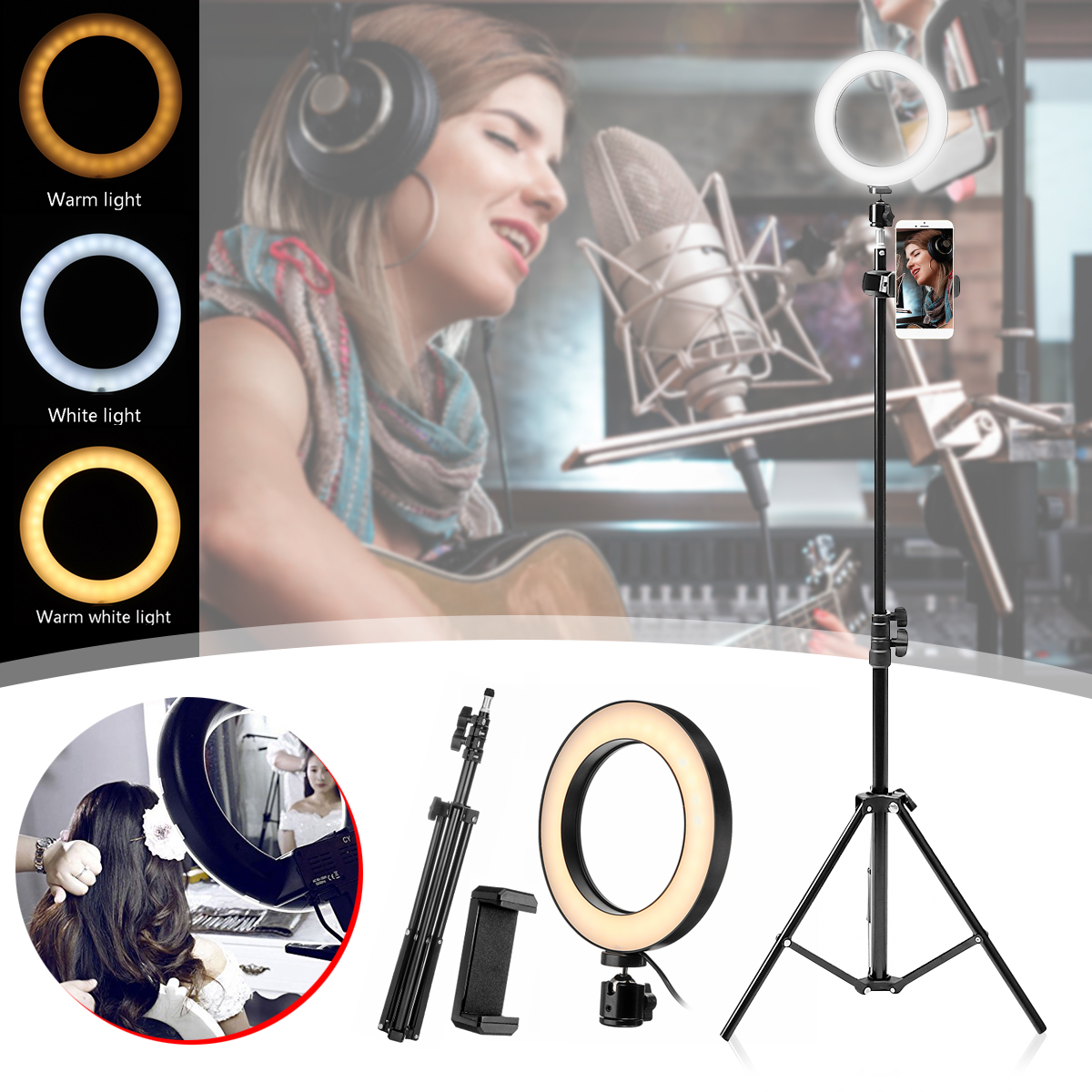 Đèn Live Stream 16CM Chân Đứng 1.7M, bộ kẹp điện thoại K01, livestream tùy chỉnh ánh sáng chiều cao