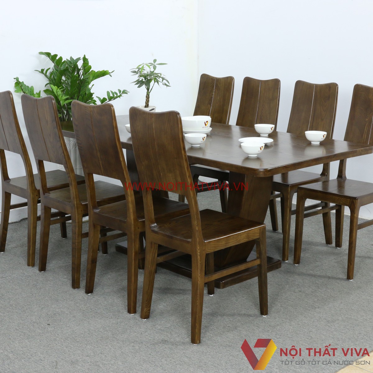 Bộ Bàn Ăn 8 Ghế Gỗ Sồi Nga Chân Chữ U Màu Óc Chó Đẹp Sang Trọng