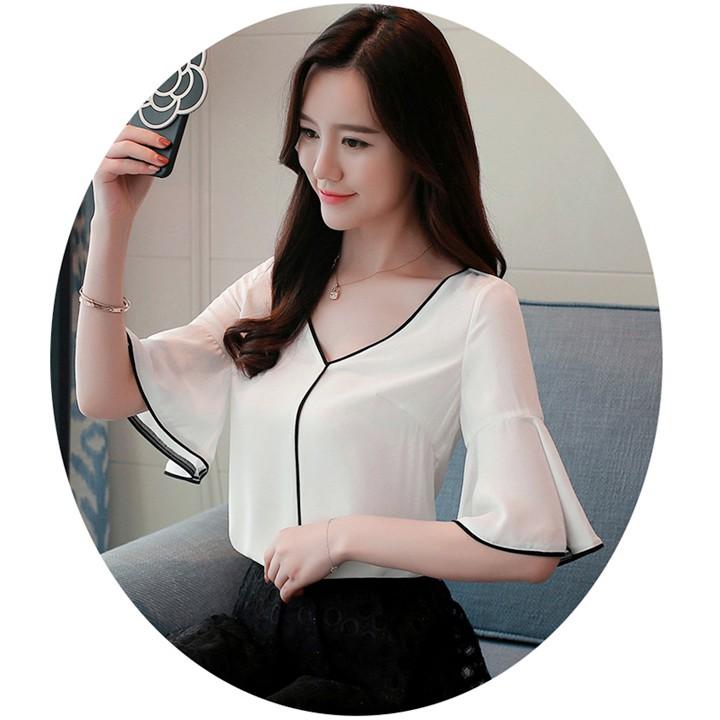 Áo sơ mi kiểu cổ V tay bèo phong cách Hàn Quốc