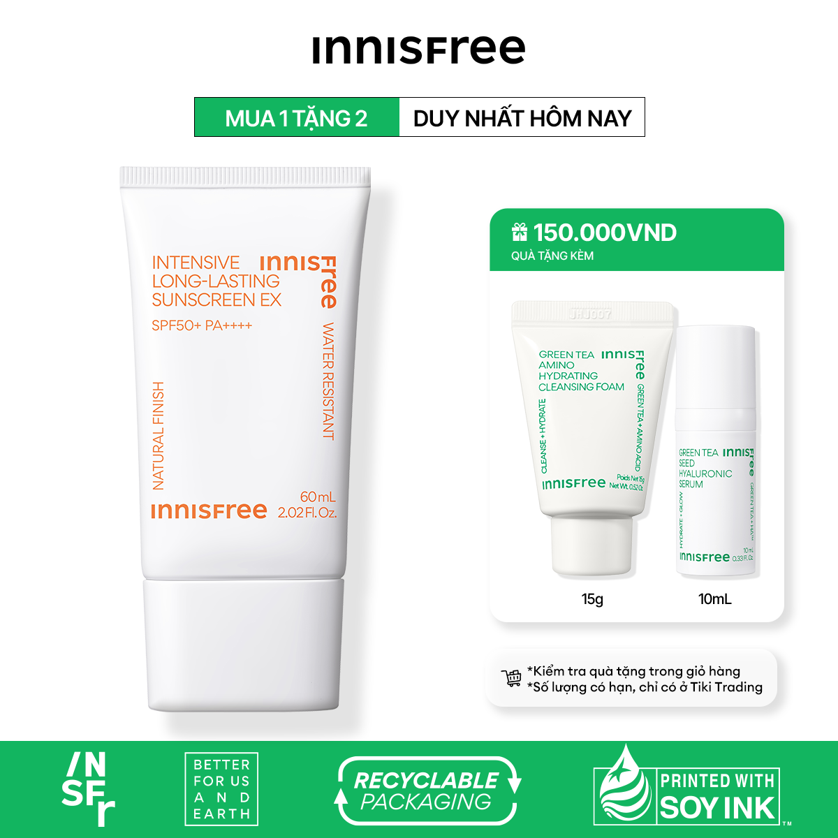 Kem chống nắng lâu trôi innisfree Intensive Long Lasting Sunscreen SPF50+ PA++++ 60ml (New 2023)