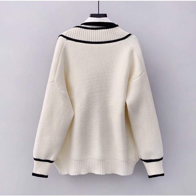 Áo khoác len cardigan nữ viền phối màu 2 túi viền đen trắng 76a11 by germe