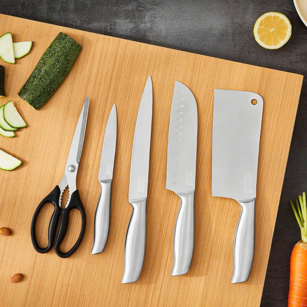 Bộ dao kéo nhà bếp 5 món Lê Bên Làng LBL1956 chuẩn Đức tặng hộp cắm