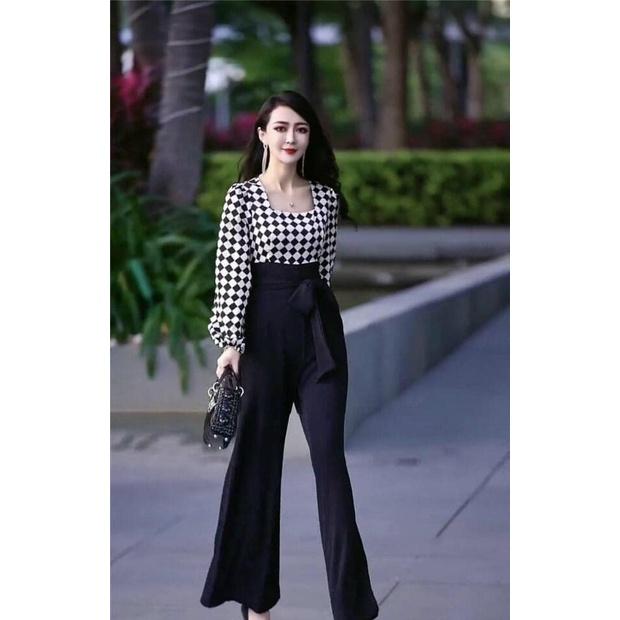 Jumpsuit lụa phối caro tay phồng