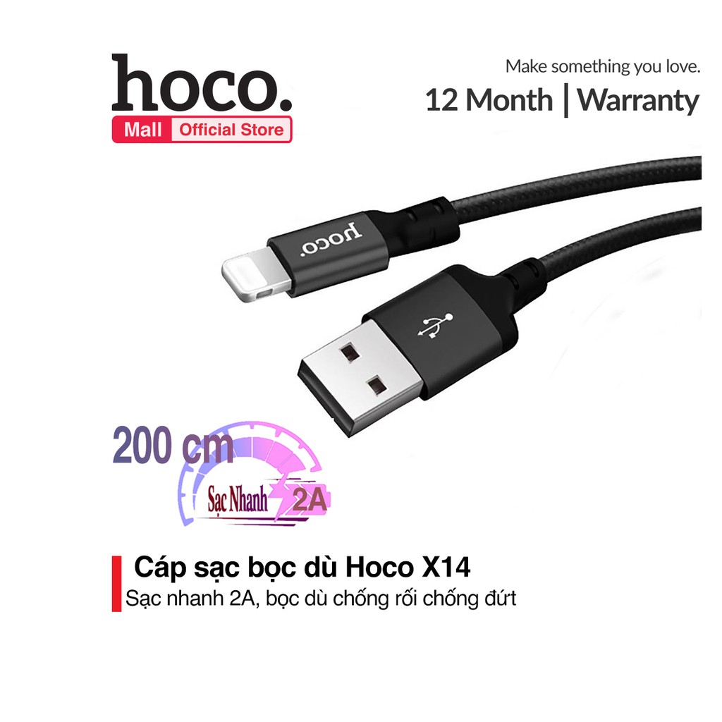 Cáp Sạc truyền dữ liệu 2.4 chống dối, dây dù dành cho Iphone,Ipad Hoco X14 Giao màu ngẫu nhiên- Hàng chính hãng