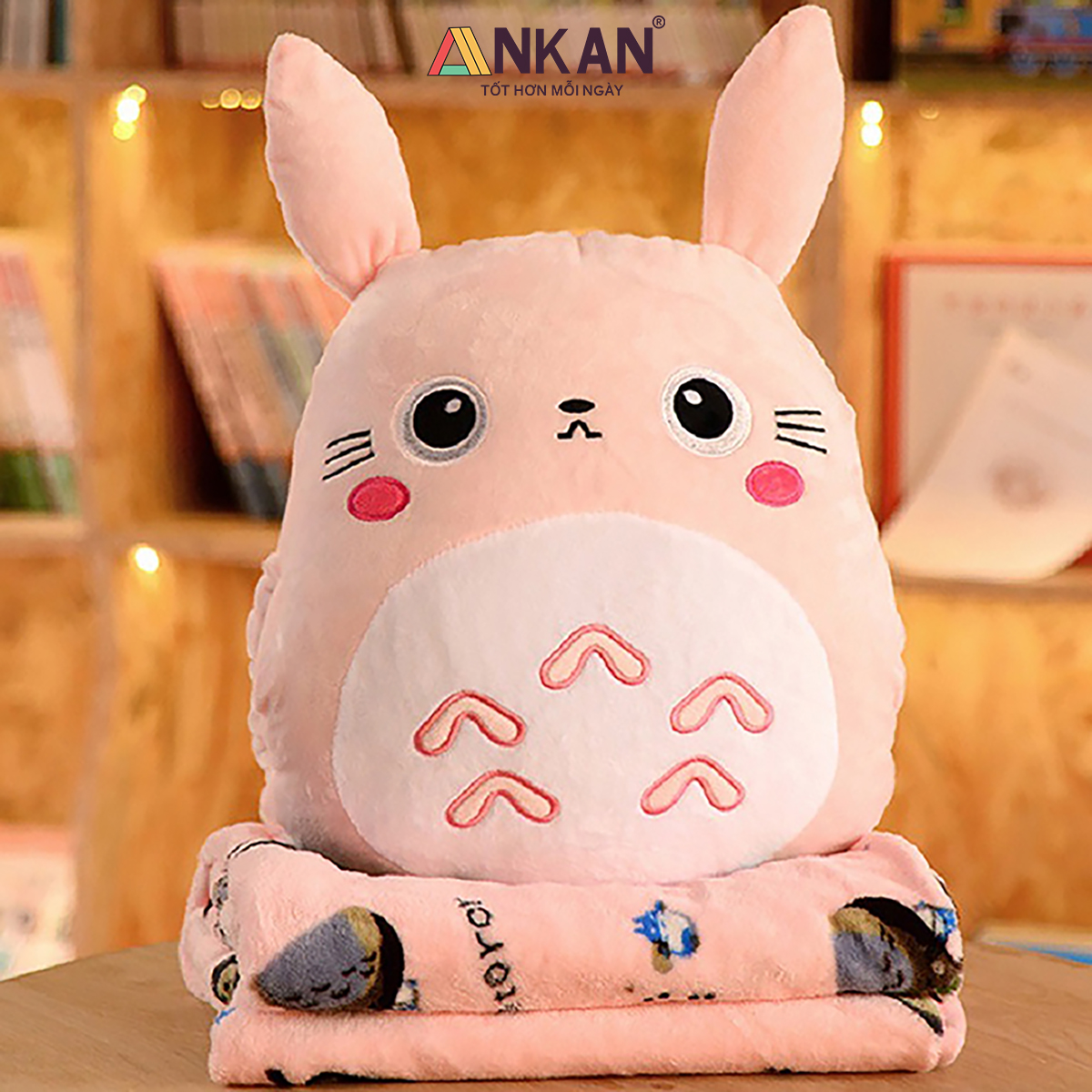 Bộ Chăn Gối Văn Phòng 3 Trong 1 Hình Thỏ Xám Và Thỏ Hồng TOTORO Xinh Đẹp