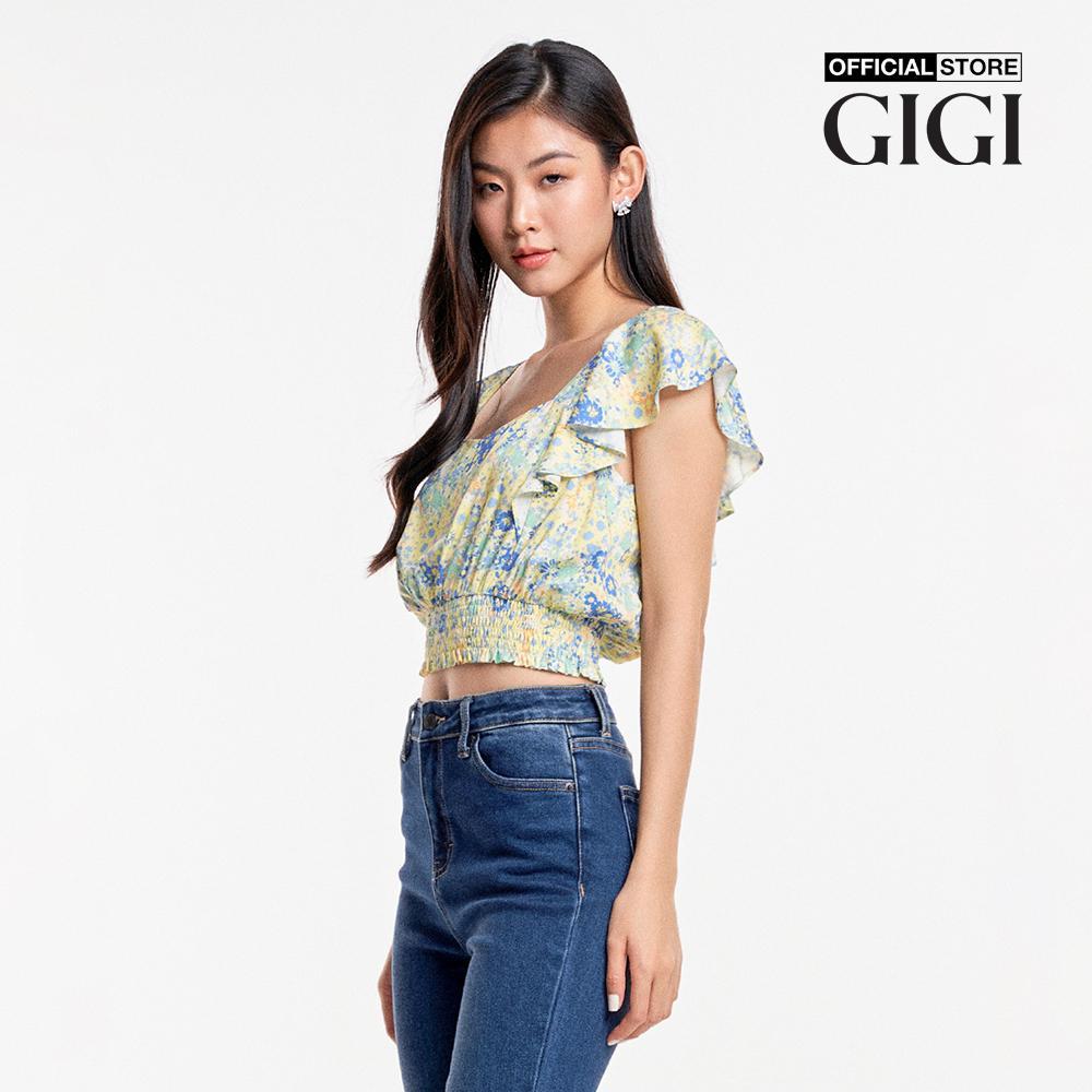 GIGI - Áo croptop nữ cổ vuông tay ngắn nhún bèo nữ tính G1201T231295