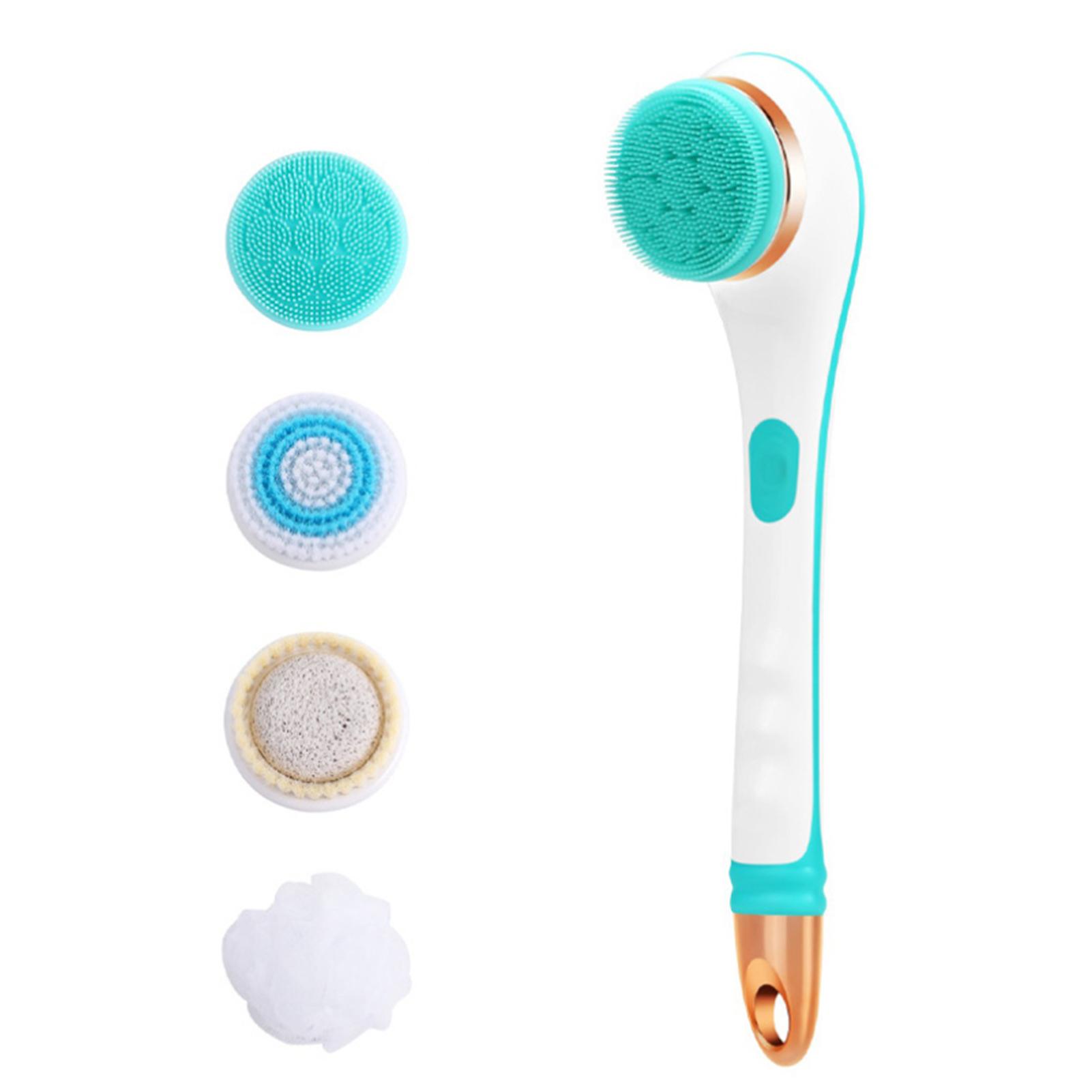 Bàn chải tắm cán dài bằng điện sạc USB với 4 đầu bàn chải bằng silicone, giúp mát xa, làm sạch toàn thân