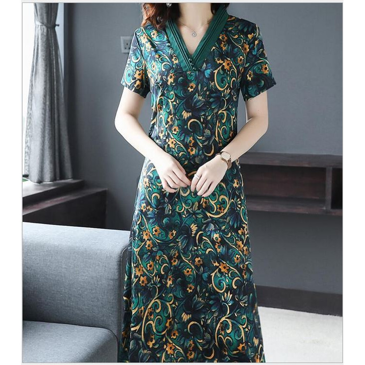 Đầm Maxi nữ  Anas Ya xanh phối hoa đậm chất Hàn - D01114